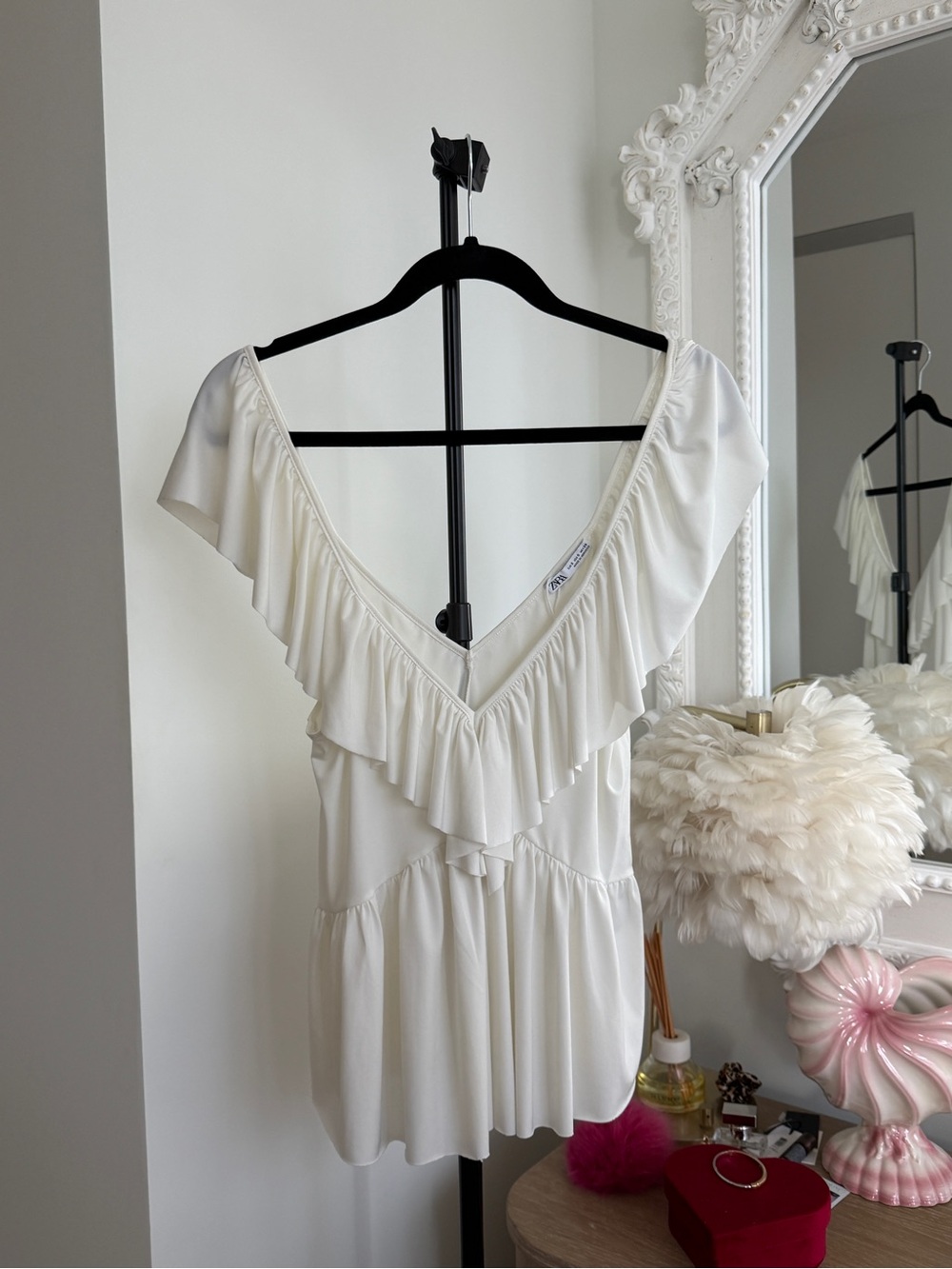 Zara Ivory Ruffle Deep V-Neck Top